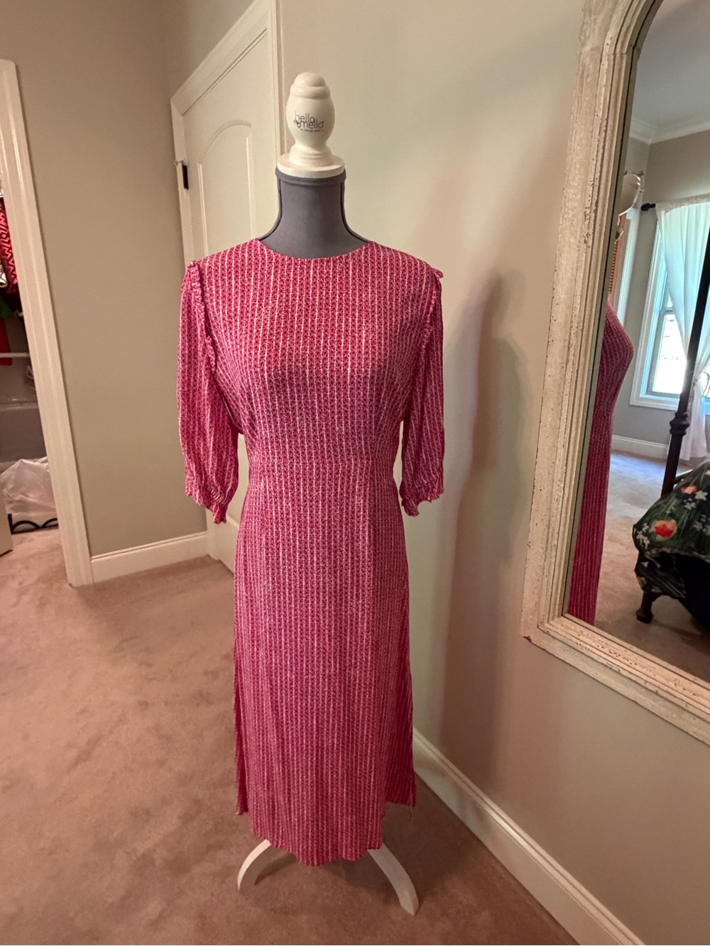 Tyler Boe Pink Textured Midi Dress with Puff Sleeves